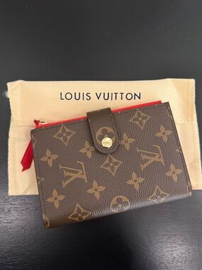 Monogram Canvas Compact Wallet in Brown with Red Trim